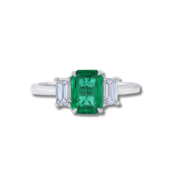 18K White Gold Three Stone Emerald and Diamond Ring 