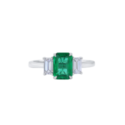 18K White Gold Emerald Three Stone Diamond Ring