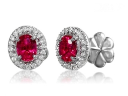 18K White Gold Oval Ruby and Diamond Halo Studs