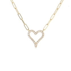 14K Yellow Gold Open Diamond Heart Pendant on a Paperclip Chain