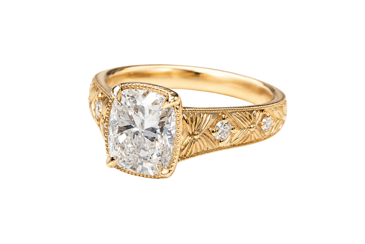 A yellow gold cushion-cut diamond engagement ring.