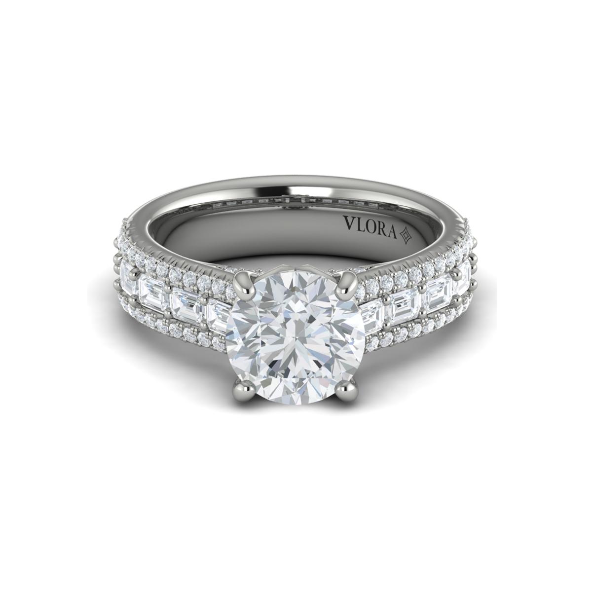 A three row diamond engagement ring with round center stone