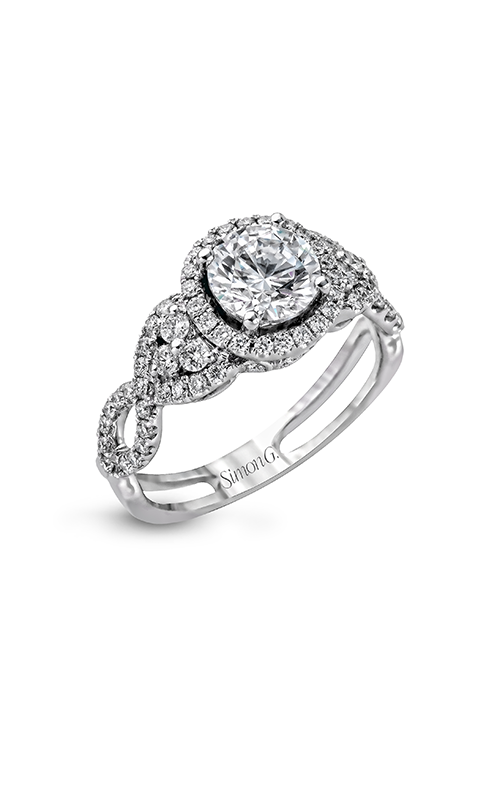 A white gold split shank halo diamond engagement ring
