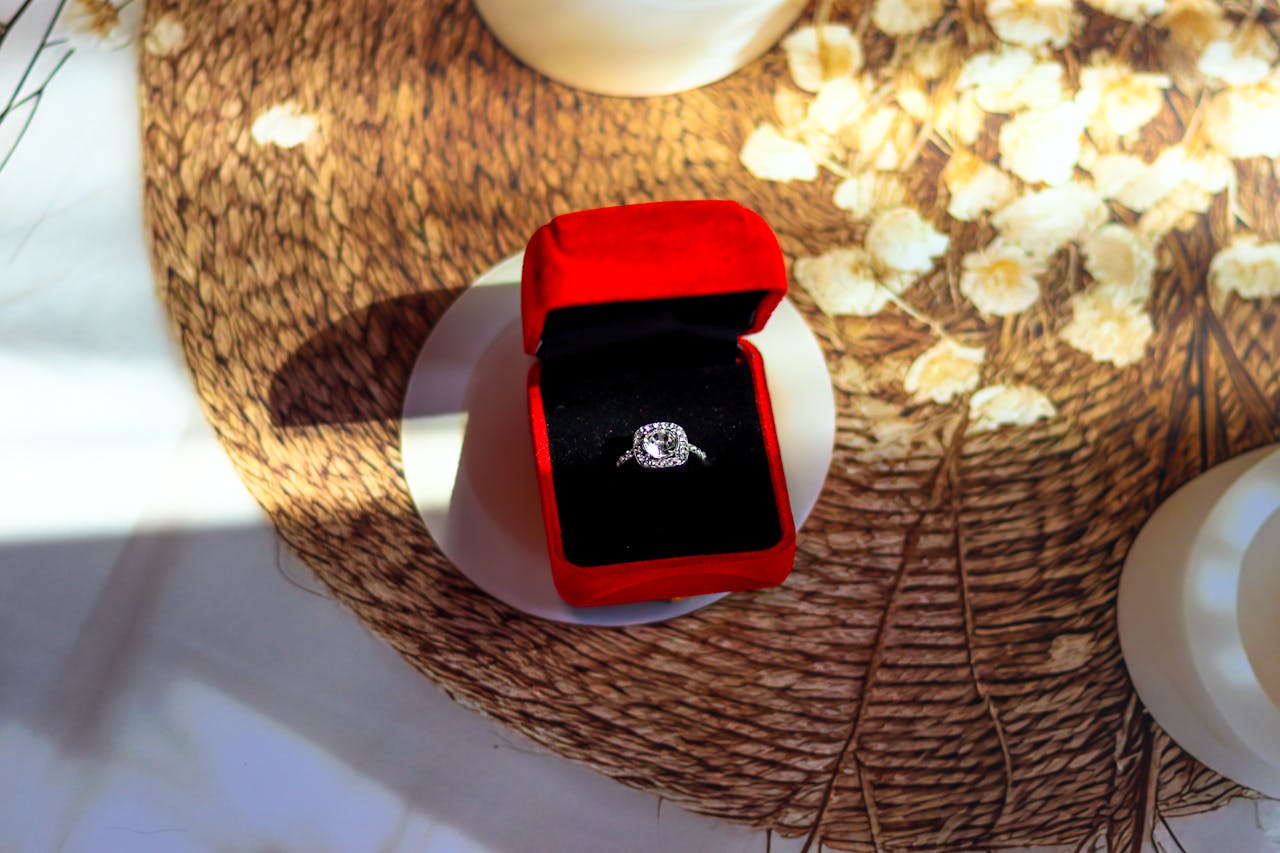 A white gold halo diamond engagement ring inside the black and red velvet jewelry box resting on a sunlit surface