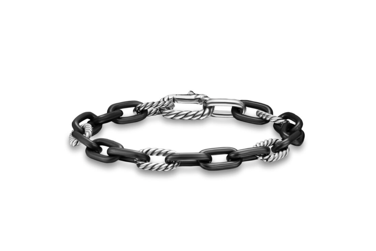 A black and silver chain bracelet.