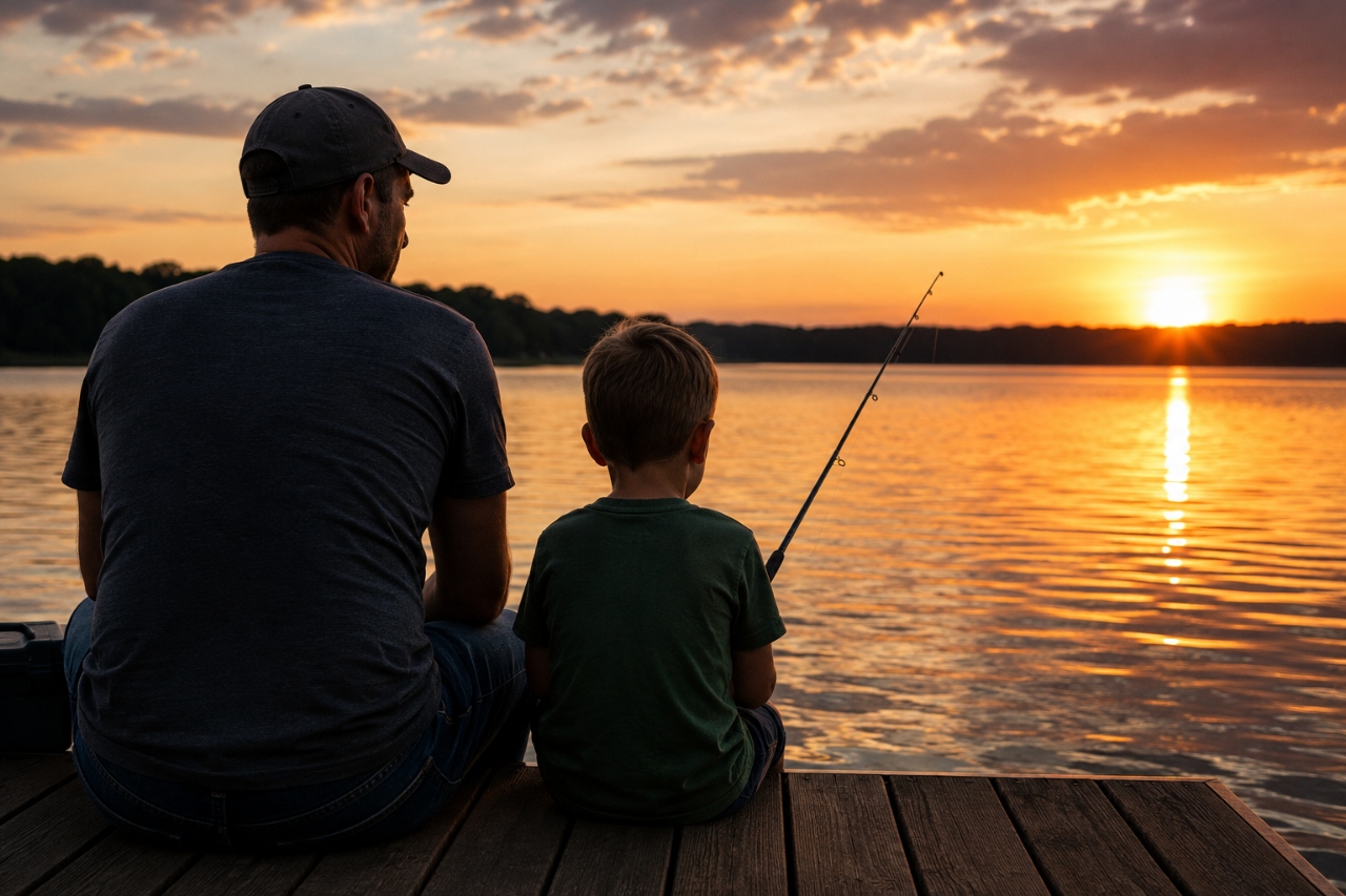 A father and son fishing on a dock overlooking a lake during sunset.