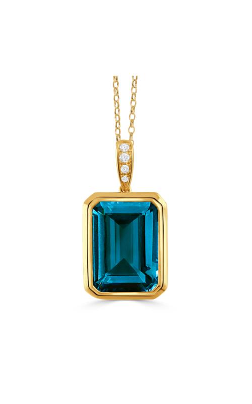 A yellow gold emerald cut necklace with blue topaz