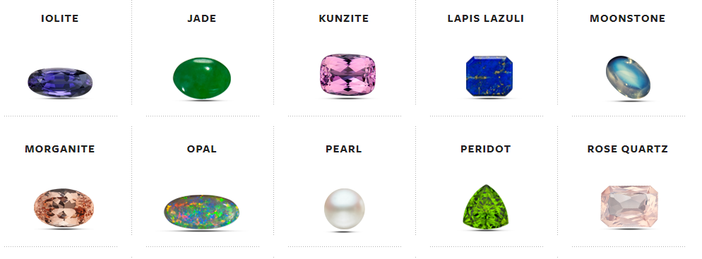 A list of ten semi-precious gemstones from the Gemological Institute of America&rsquo;s gem encyclopedia. [1]