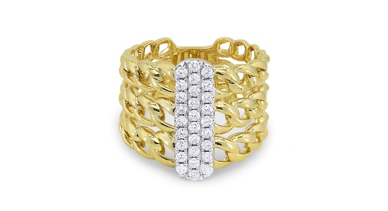 a large, bold, mixed metal ring with diamonds at its center and gold chain details