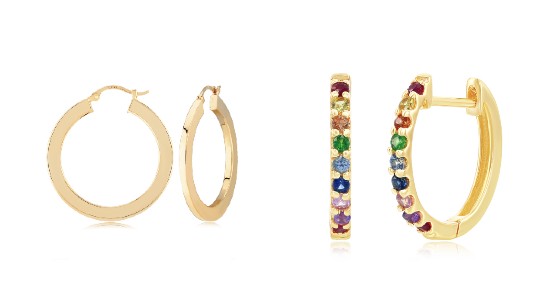 two pairs of gold hoops, one smaller than the other, one featuring colored gems