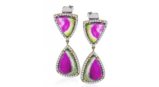 a pair of brightly-colored, two-tiered earrings by Simon G.