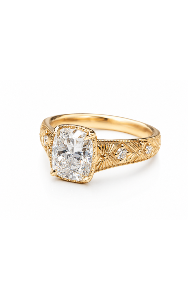 Mesmerizing yellow gold cushion cut diamond vintage engagement ring.