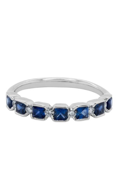 14K White Gold Square Blue Sapphire And Round Diamond Band