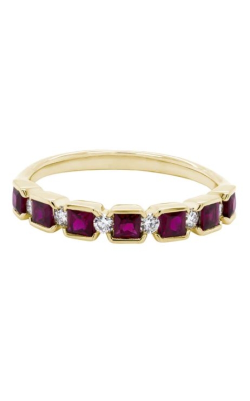 14K Yellow Gold Square Ruby And Round Diamond Band