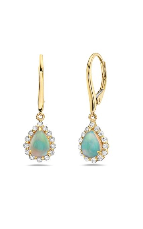 14K Yellow Gold Pear Shaped Opal And Round Diamond Halo Drop Earrings