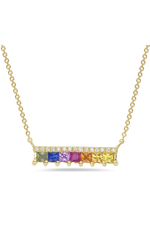 14K Yellow Gold Square Rainbow Sapphire And Round Diamond Bar Necklace
