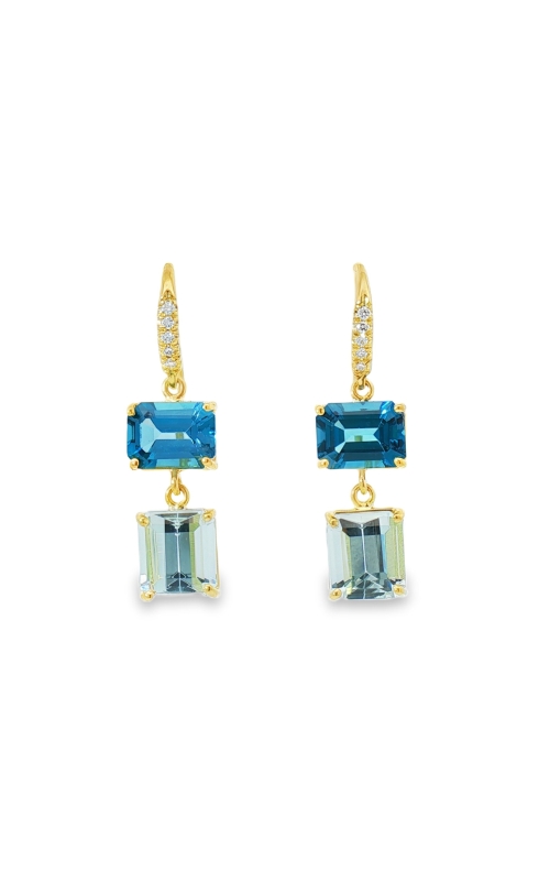 18K Yellow Gold Emerald Cut Blue Topaz, Aquamarine, And Diamond Earrings