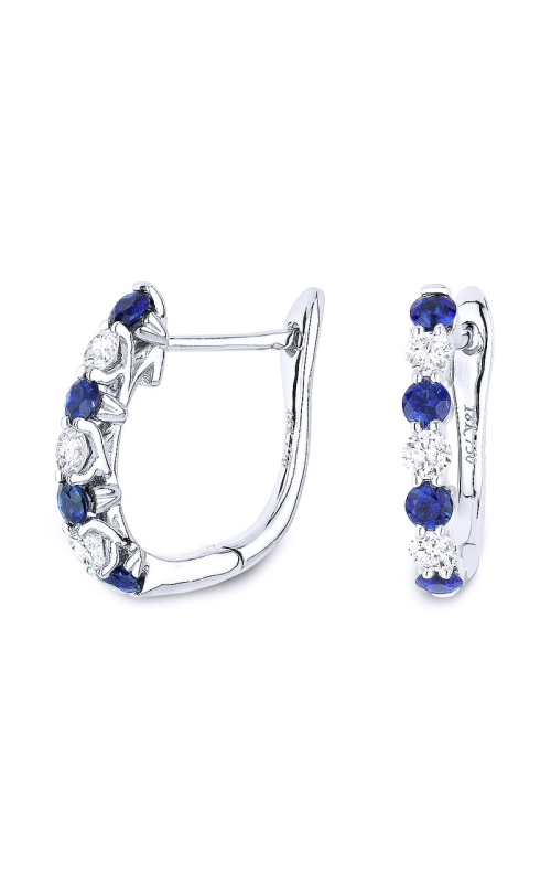 14K White Gold Round Sapphire And Diamond Huggies
