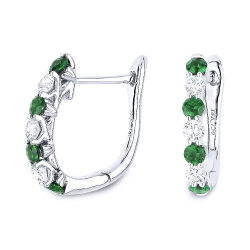 14K White Gold Diamond & Emerald Huggie Earrings