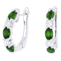 18K White Gold Oval Emerald And Diamond Hoop Earrings