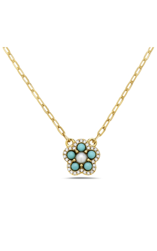 14K Yellow Flower Station Turquoise Pearl Necklace