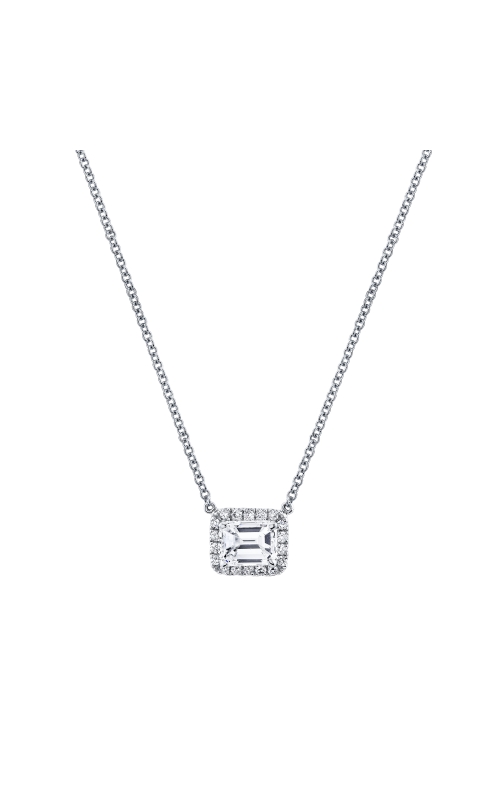 18K White Gold East West Emerald Cut Halo Pendant