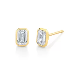 18K Yellow Gold Emerald Cut Bezel Set Stud Earrings