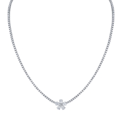 18K White Gold Straight line Round Brilliant Tennis Necklace with Flower Accent 