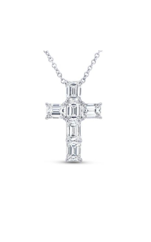 18K White Gold Emerald Cut Diamond Cross Pendant