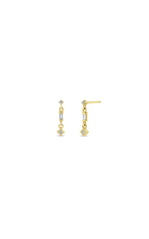 14K Yellow Gold Round, Princess And Baguette Diamond Drop Earrings