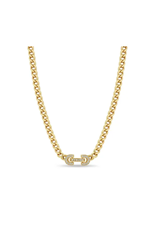 14K Yellow Gold Curb Link Necklace With Vintage Pave Horsebit Link
