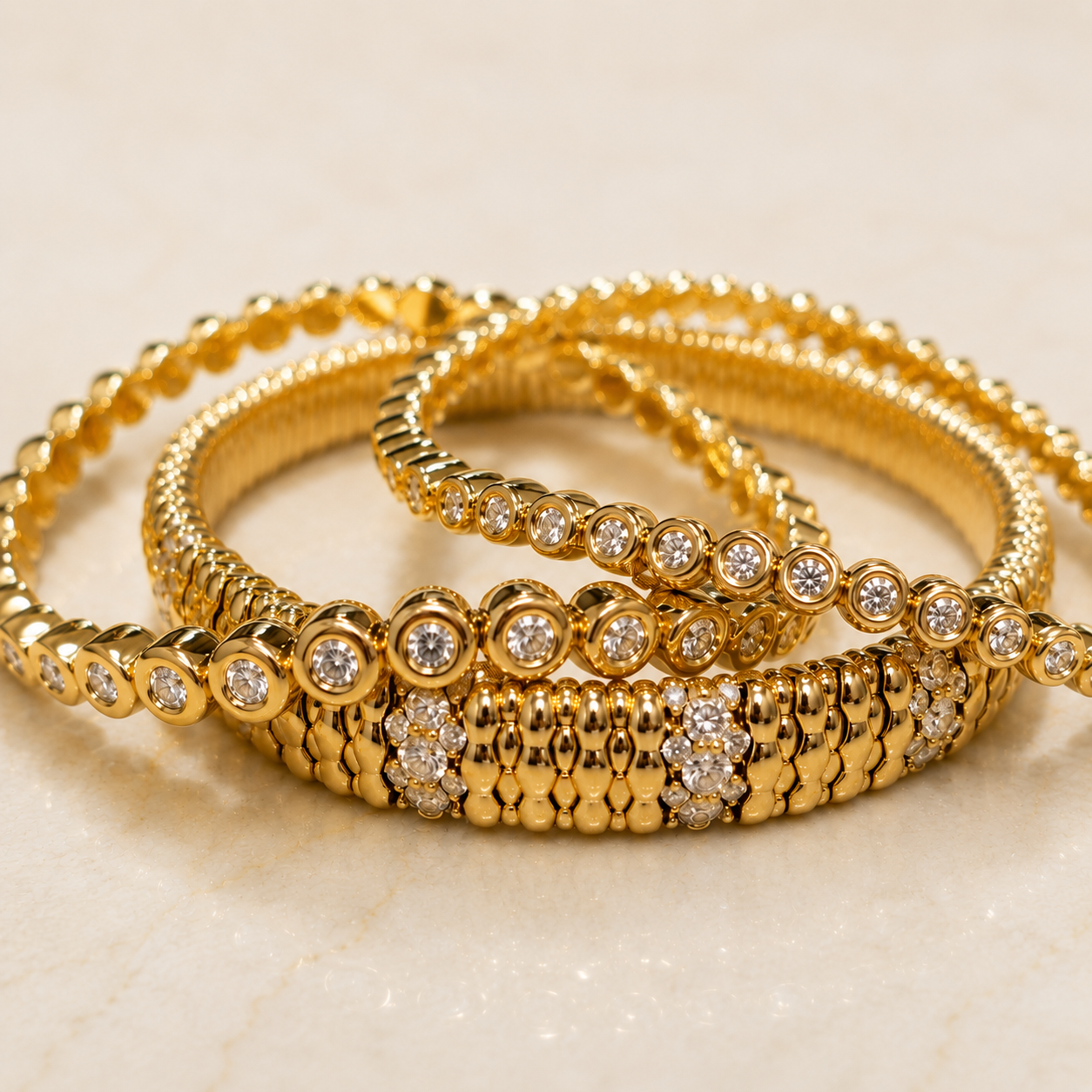 18K Yellow Gold Diamond Station Bracelets.