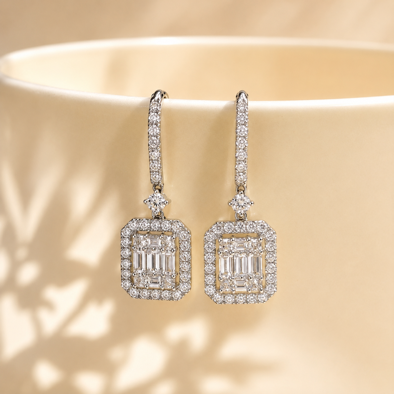 18K White Gold Baguette and Round Diamond Mosaic Drop Earrings.