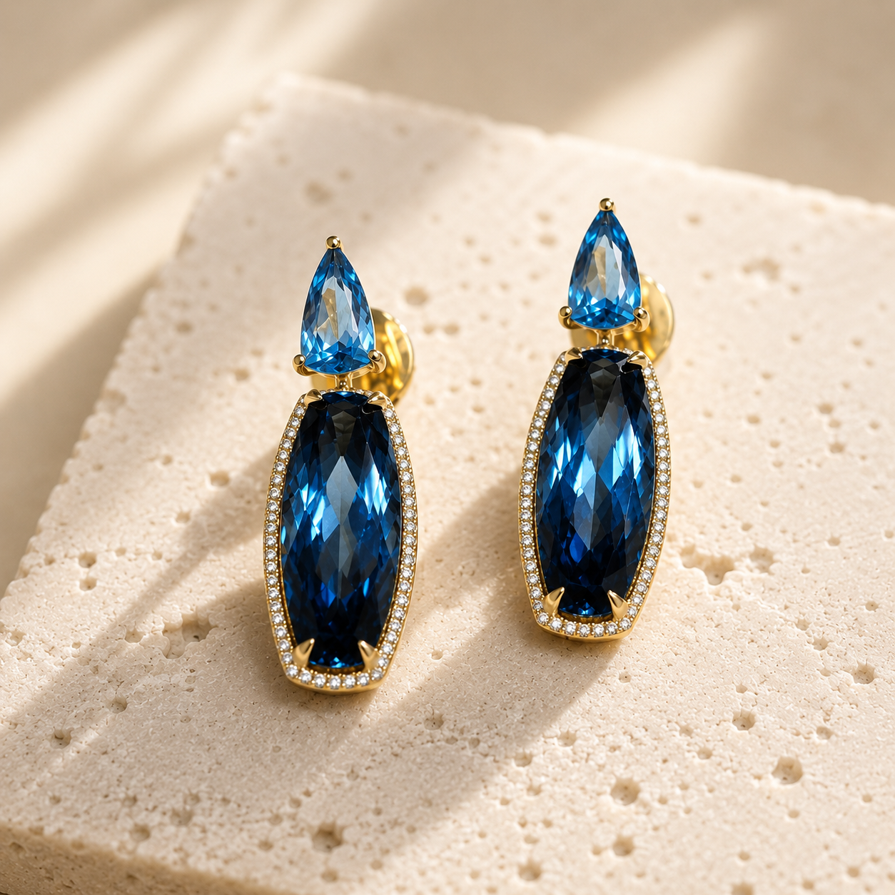 18K Yellow Gold London Blue Topaz & Diamond Earrings.