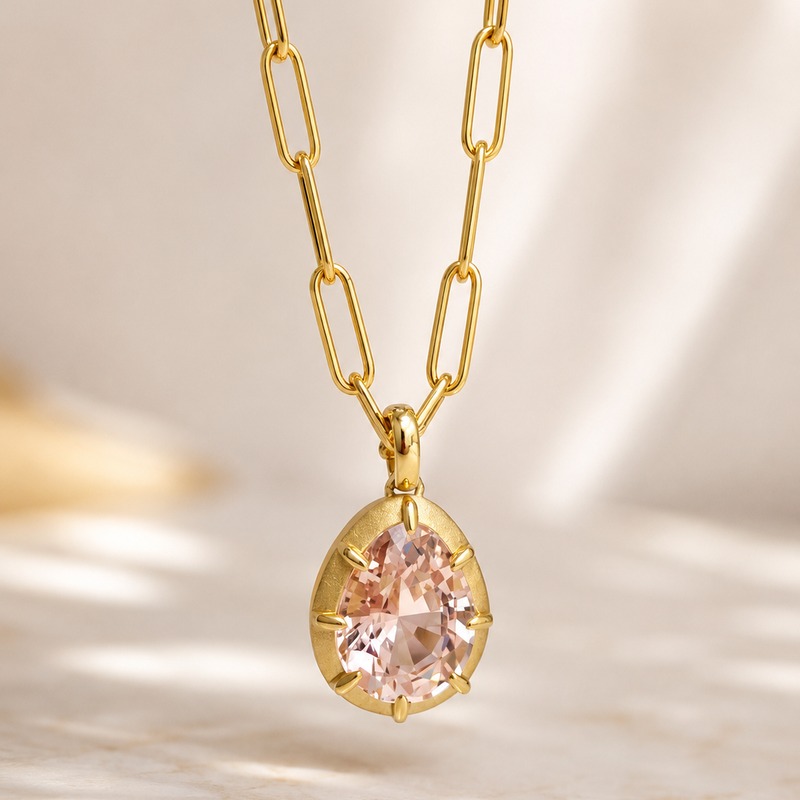 18K Yellow Gold Pear Shaped Morganite Pendant on Chain.
