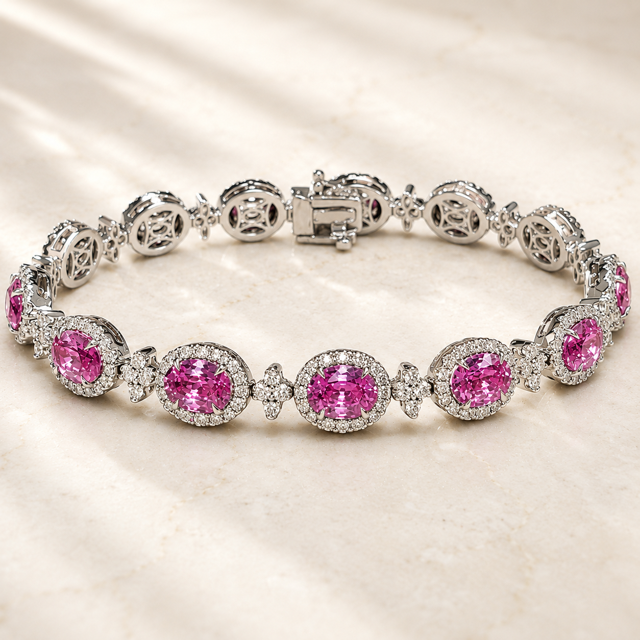 18K White Gold Oval Pink Sapphire and Diamond Bracelet.