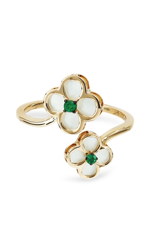 14K Yellow Gold Mother Of Pearl and Emerald Flower Bypass Ring