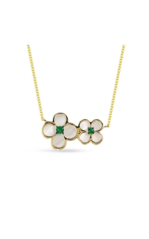 14K Yellow Gold Mother Of Pearl and Emerald Flower Necklace