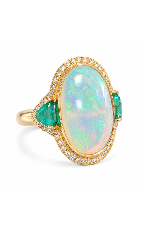 18K Yellow Gold Oval Cabochon Opal Ring with Trillion Emerald Side Stones and Round Diamond Halo Accent
