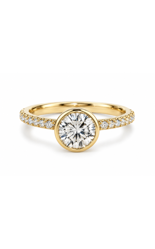 14K Yellow Gold Round Diamond Engagement Ring with Round Diamond Side Stones