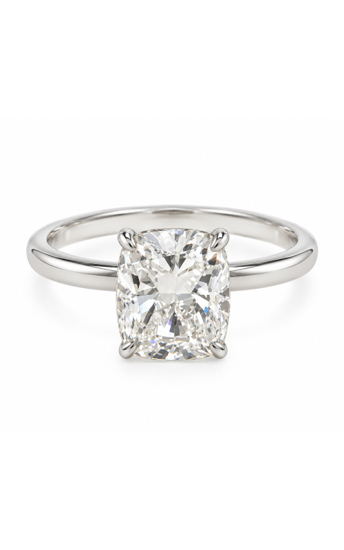 18K White Gold Cushion Cut Diamond Engagement Ring with Round Diamond Hidden Halo