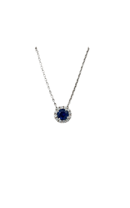 14K White Gold Round Sapphire Diamond Halo Necklace