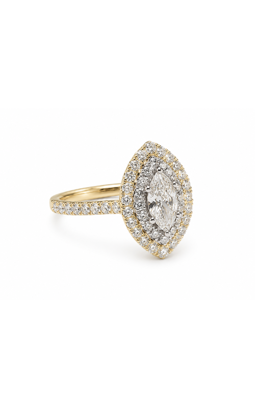18K Yellow Gold Marquise Diamond Engagement Ring with Round Diamond Double Halo