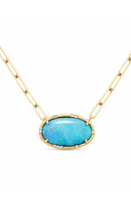 18K Yellow Gold Oval Boulder Opal And Round Diamond Sprinkle Station Necklace