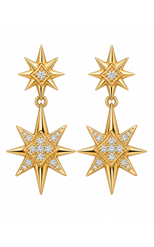 14K Yellow Gold Round Diamond Star Drop Earrings