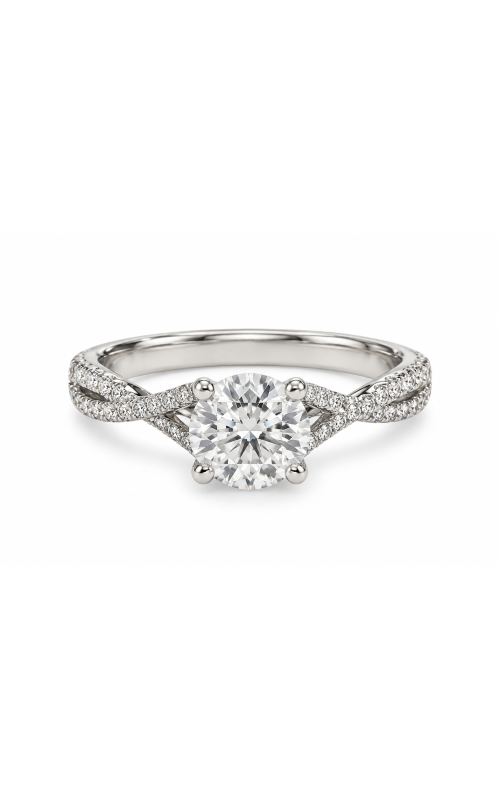 14K White Gold Round Diamond Engagement Ring with Round Diamond Crossover Accents
