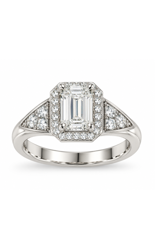 14K White Gold Emerald Cut Diamond Engagement Ring with Round Diamond Halo