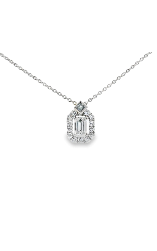 14K White Gold Emerald Diamond Halo Necklace