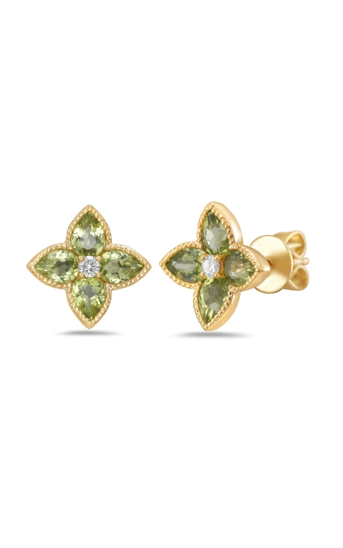 14K Yellow Gold Four Point Peridot And Round Diamond Center Stud Earrings
