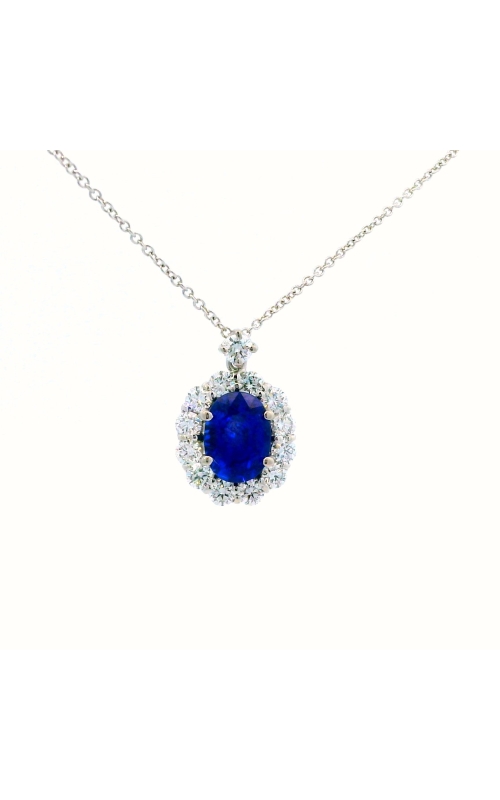 18K White Gold Oval Sapphire And Round Diamond Pendant